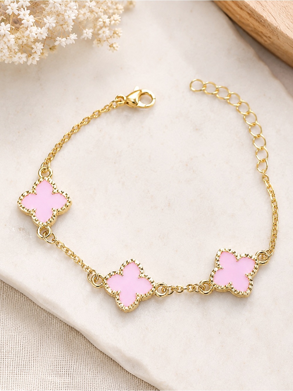 Gold-Plated Pink Clover Link Bracelet - Women's Jewelry